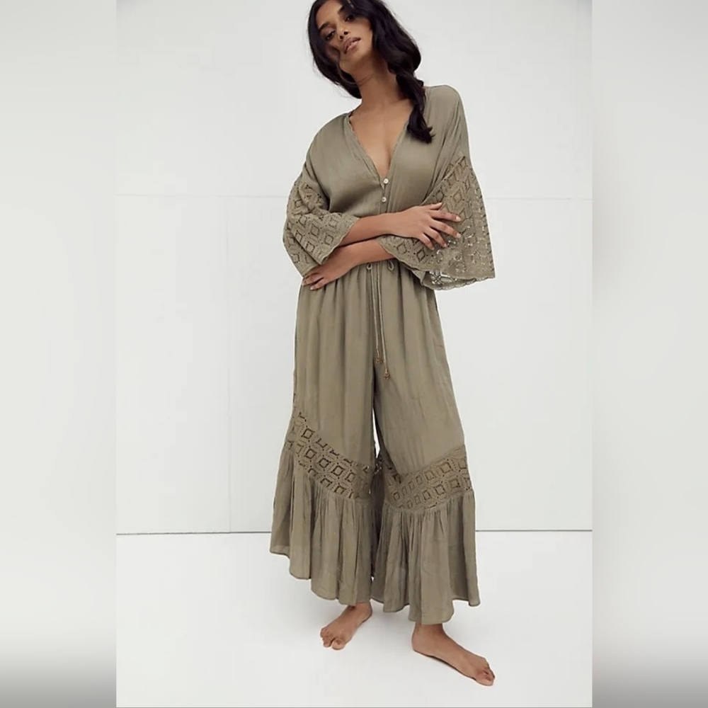 Free People endless summer Angela Lace Jumpsuit in Willow Olive size Medium